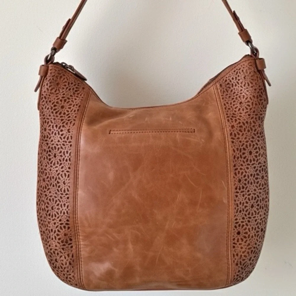 The Sak Leather Sequoia Laser Cut Hobo Shoulder Bucket Bag Tobacco Moroccan Tan